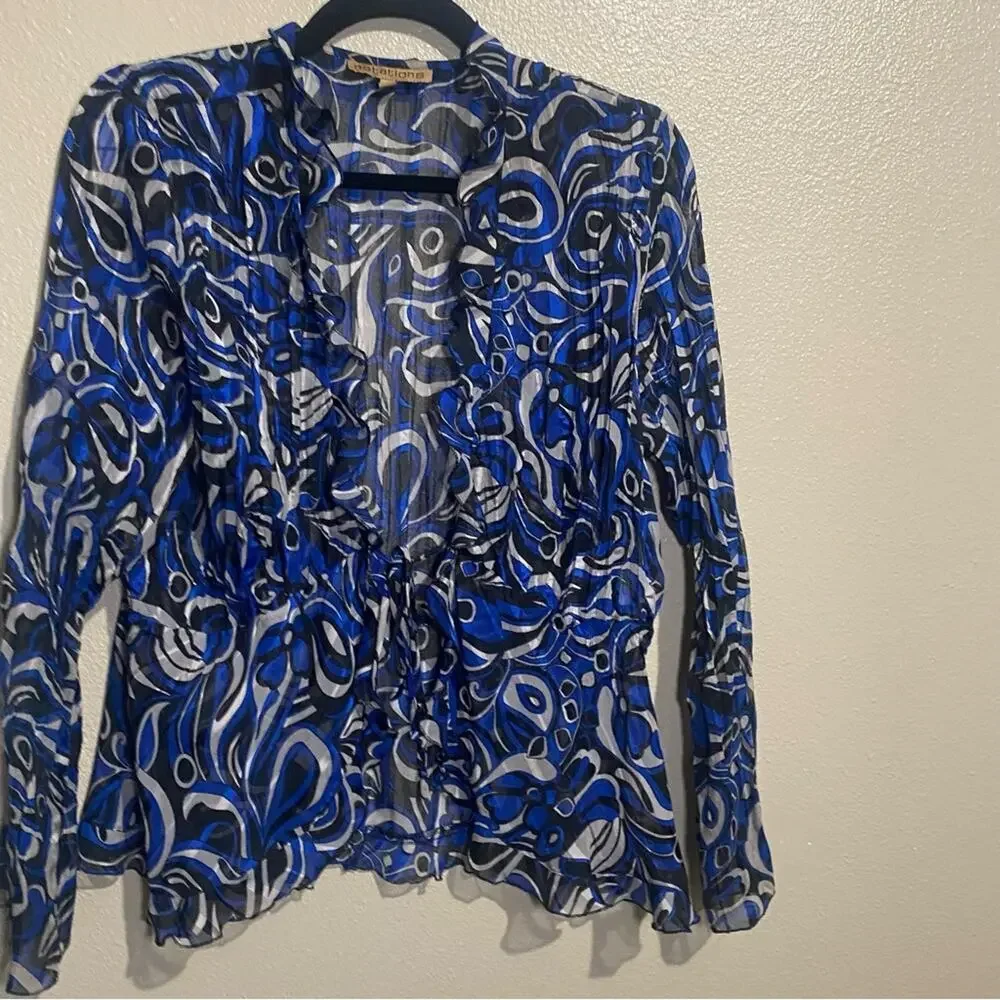 Notations Sheer Blouse L Abstract Fairy Whimsical Ruffled Open Front Flowy y2k‎